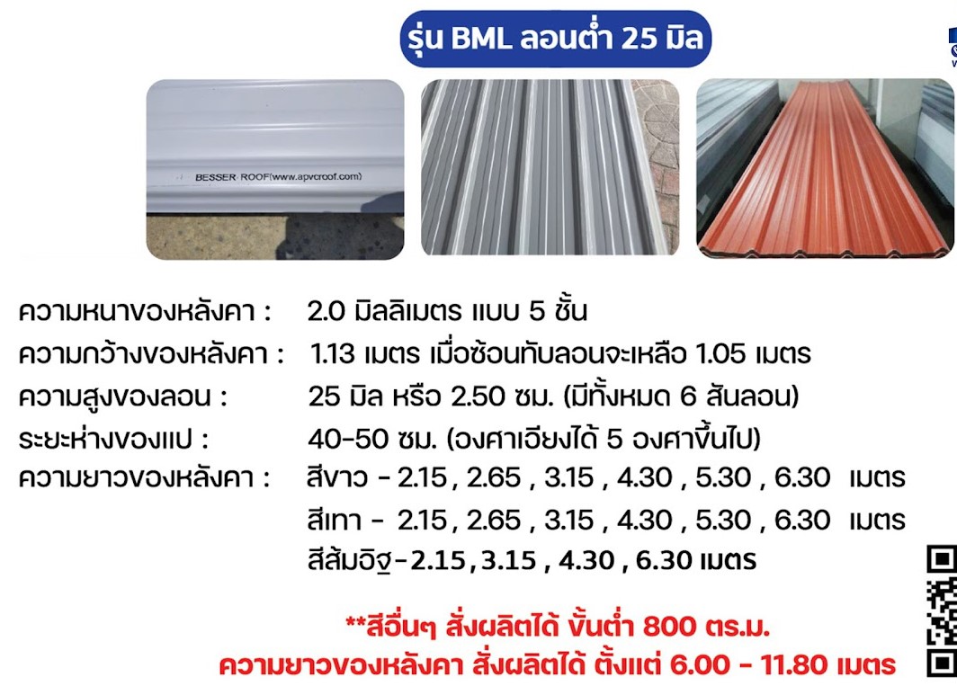 หลังคาเอพีวีซี APVC หลังคายูพีวีซี UPVC ASAPVC สมาร์ทรูฟ รุ่น BML ลอน 25 มิล หนา 2 มิล หลังคาสีขาว