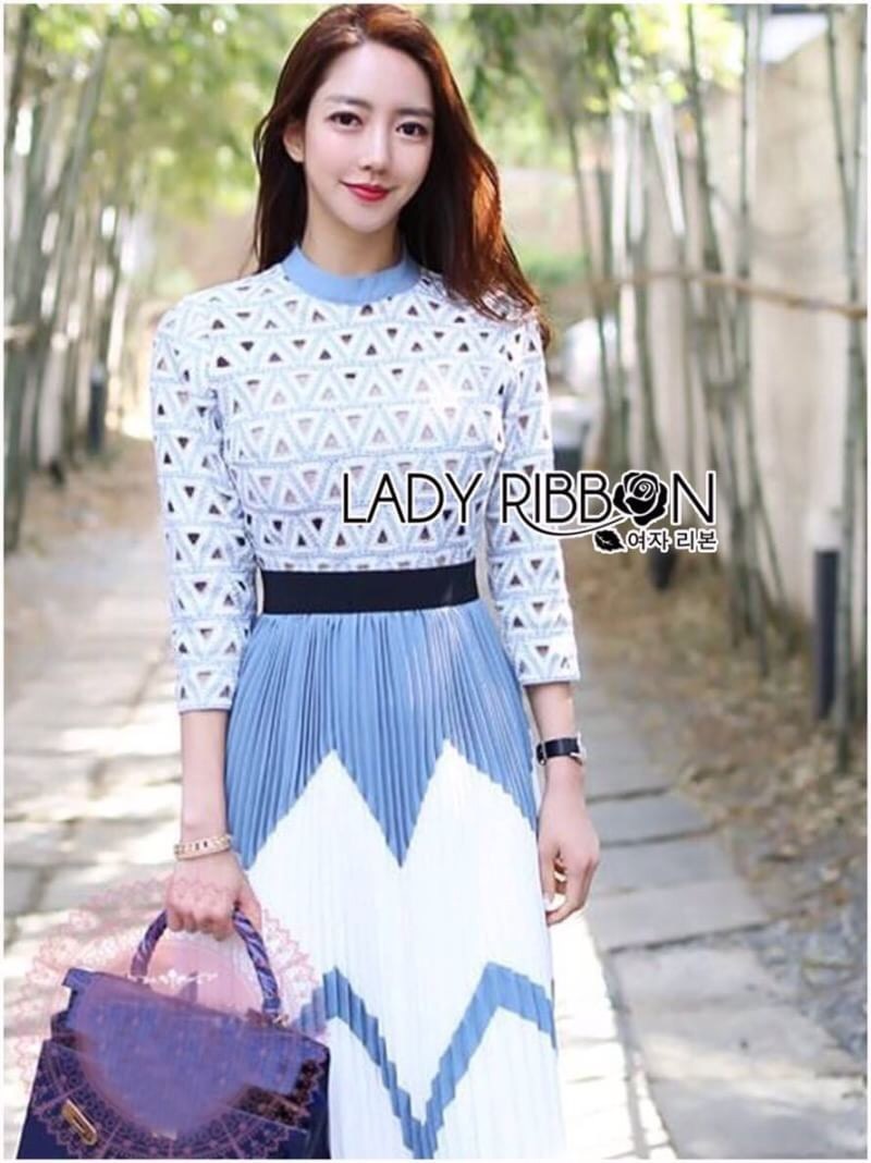 Skirt Dress เดรสผ้าลูกไม้ลายสามเหลี่ยมกระโปรงพลีท