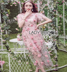 Lady Ribbon Pink Rose Embroidered Over Pink Lace Dress