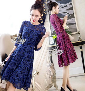 Dress แขนยาวคอกลม ซิปหลัง