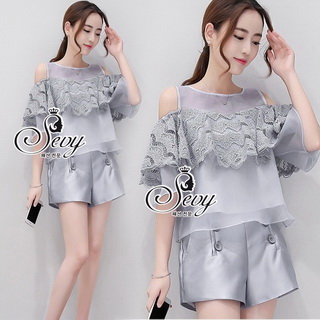 Lady Ribbon Online ขายส่งเสื้อผ้าออนไลน์ เสื้อผ้า Sevy SV06030816 🎉Sevy Two Pieces Of Lace Rond Bust Cut Shoulder With Shorts Sets