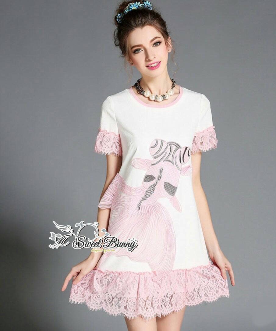 SW11010916 Sweet Bunny Present... Golden Fish Pink Lace Dress เดรสปลาผ้าลูกไม้