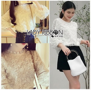 เสื้อแขนยาวผ้าลูกไม้ลายดอกไม้สไตล์วินเทจ