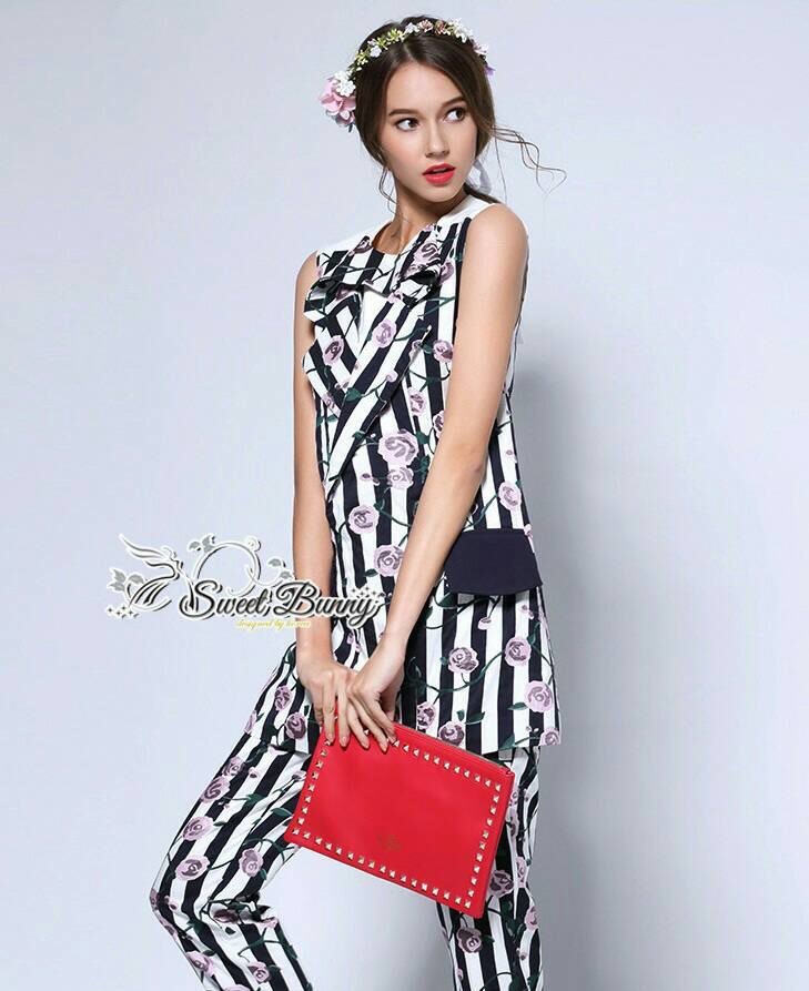 SW13010916 Sweet Bunny Present... Rose Line Print Coat Set ชุดเซ็ทเสื้อสูท+กางเกง