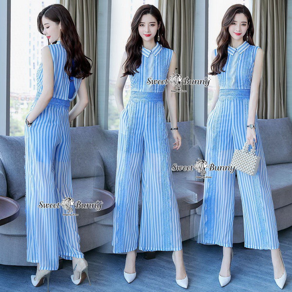 ผ้าลายริ้วสีฟ้าเนื้อดีผ้านุ่ม จั๊มสูทแขนกุด เอวสูง