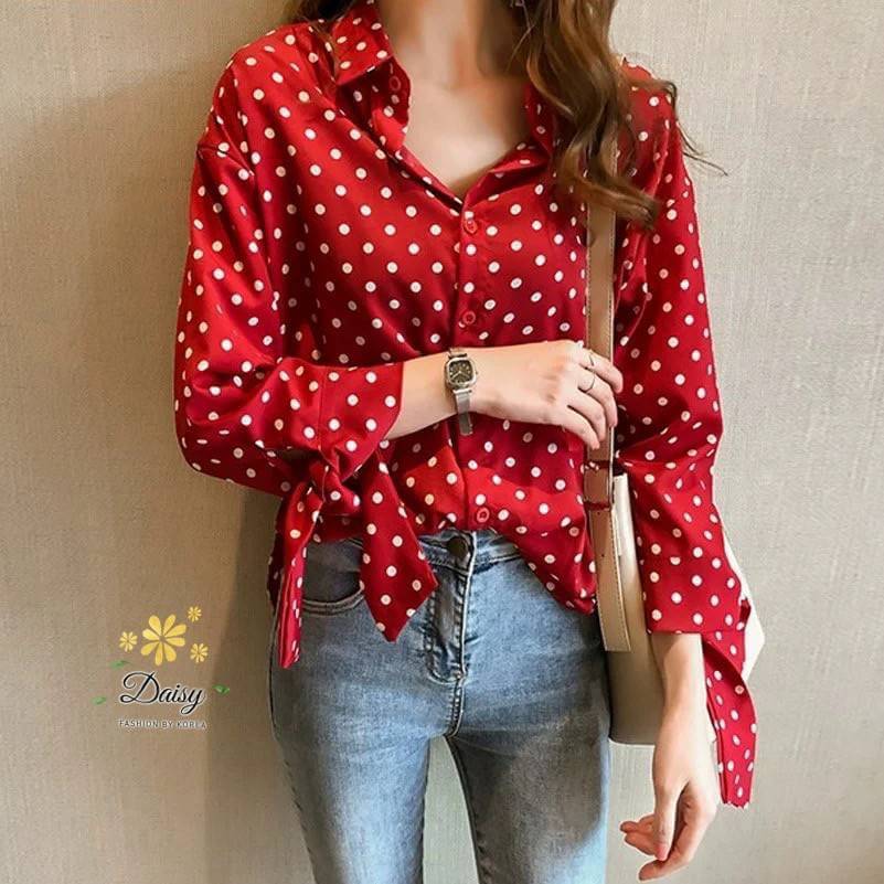 เสื้อเชิตผ้าหางกระรอกเนื้อนิ่ม ลายจุดสีขาว