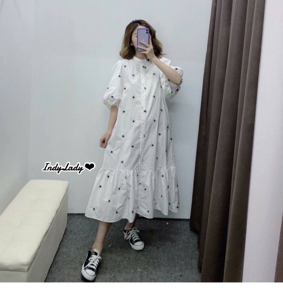 Dress แขนสั้นพองกระดุมหน้า