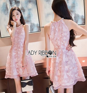 Lady Ribbon Ashley Pretty Feminine Butterfly-Embroidered Pearl Embellished Pink Dress