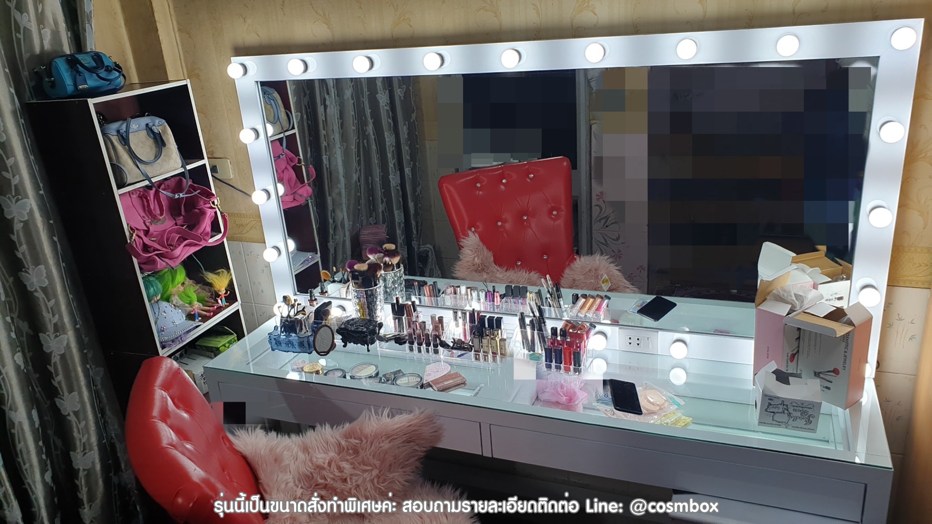 โต๊ะเครื่องแป้ง กระจกมีไฟ - 190 x 45 x 165 cm. TOP กระจกใส พื้นลิ้นชักกระจกเงา