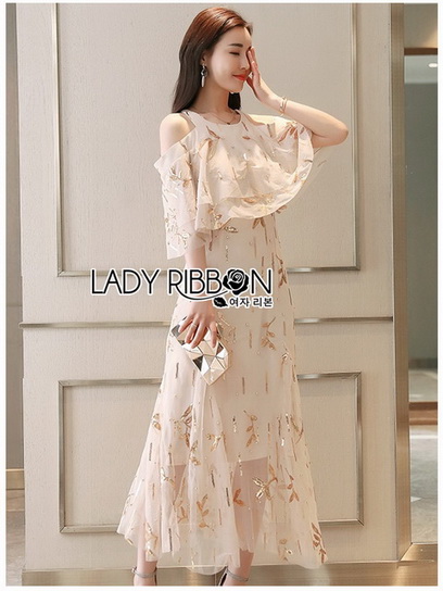 เดรสผ้าทูลเลปักเลื่อมสีทองตกแต่งระบาย