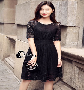 dress ผ้าลูกไม้คอกลมแขนสั้น แต่งแฟชั่นมีซิบหลัง