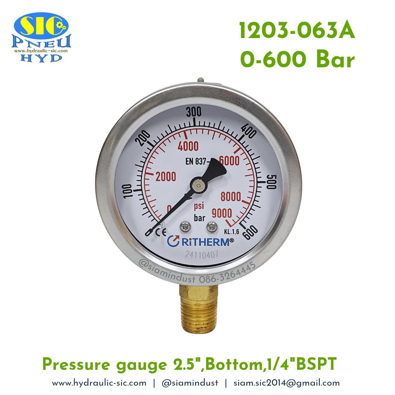 1203-063A Pressure Gauge เกจวัดแรงดันหน้าปัด 2.5" เกลียว 1/4"BSPT ออกข้าง RiTHERM
