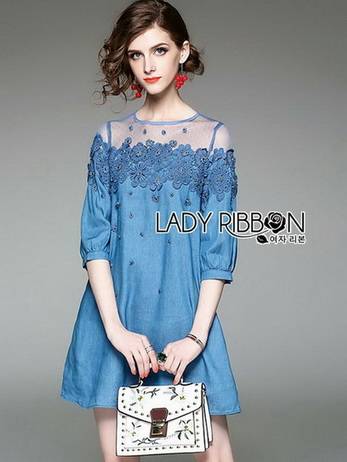 Lady Erin Casual Denim and Lace Mini Dress