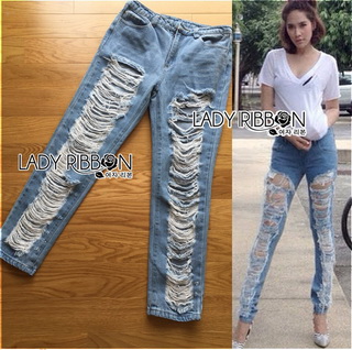 Lady Ribbon Online ขายส่งเสื้อผ้าออนไลน์เลดี้ริบบอน LR07010816 🎀 Lady Ribbon's Made 🎀 Lady Elina Washed Ripped Skinny Jeans กางเกงยีนส์