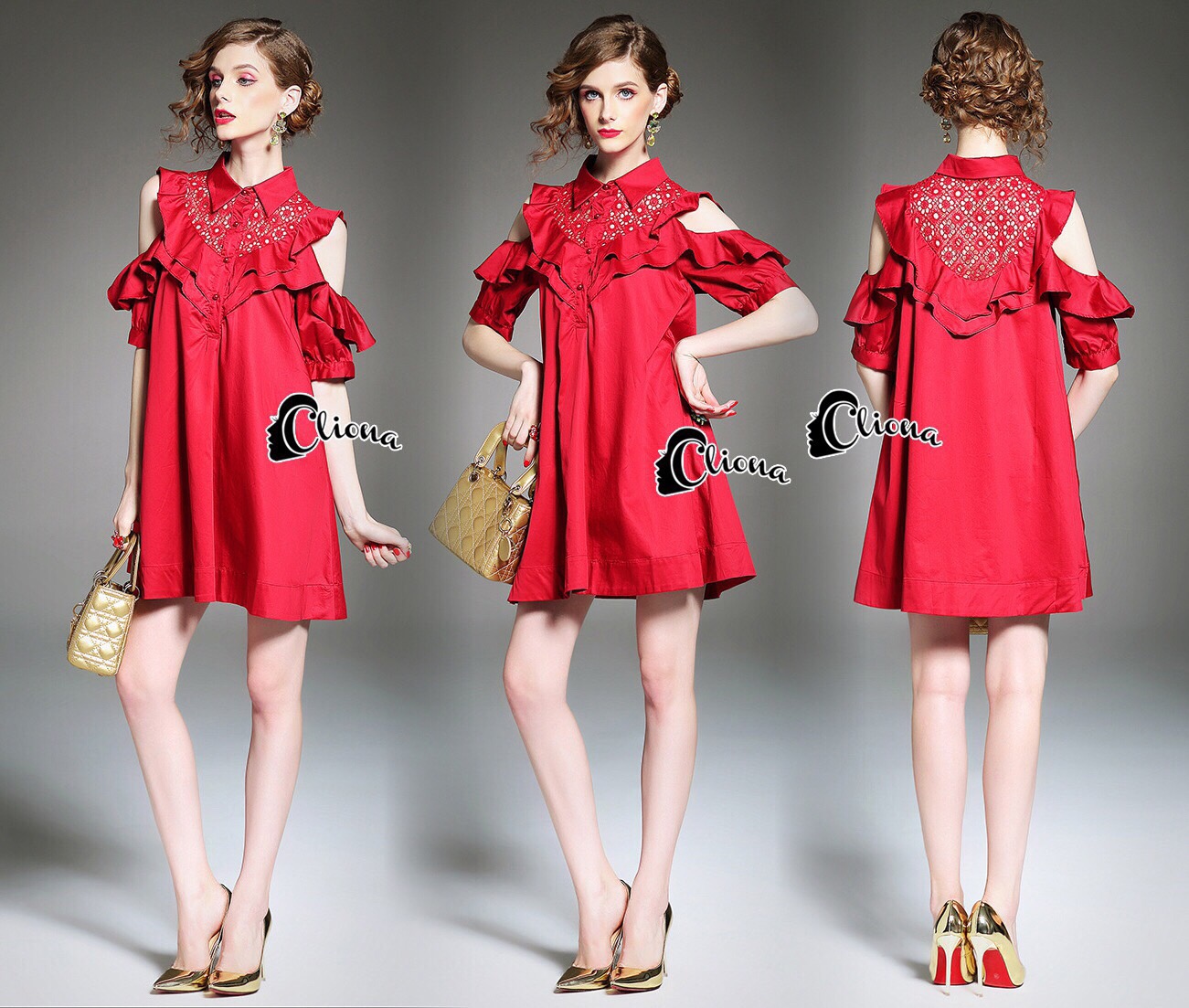 Cliona Made' Red Carpet Luxury Shirt Dress - มินิเดรสสีแดงสด