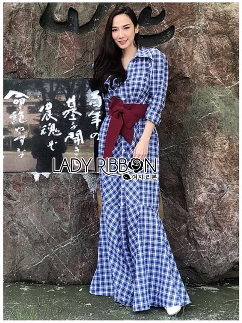 Dress with Red Ribbon เชิ้ตเดรสยาวลายสก็อตสีนํ้าเงิน