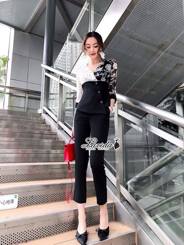 เสื้อกางเกงผ้าพริ้วนิ่มพิมพ์ลายจุดขาวดำ
