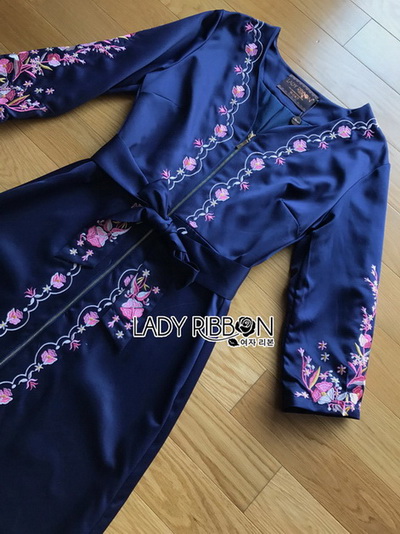 🎀 Lady Ribbon's Made 🎀 Lady Claire Modern Hippie Flower Embroidered Navy Crepe Long Dress
