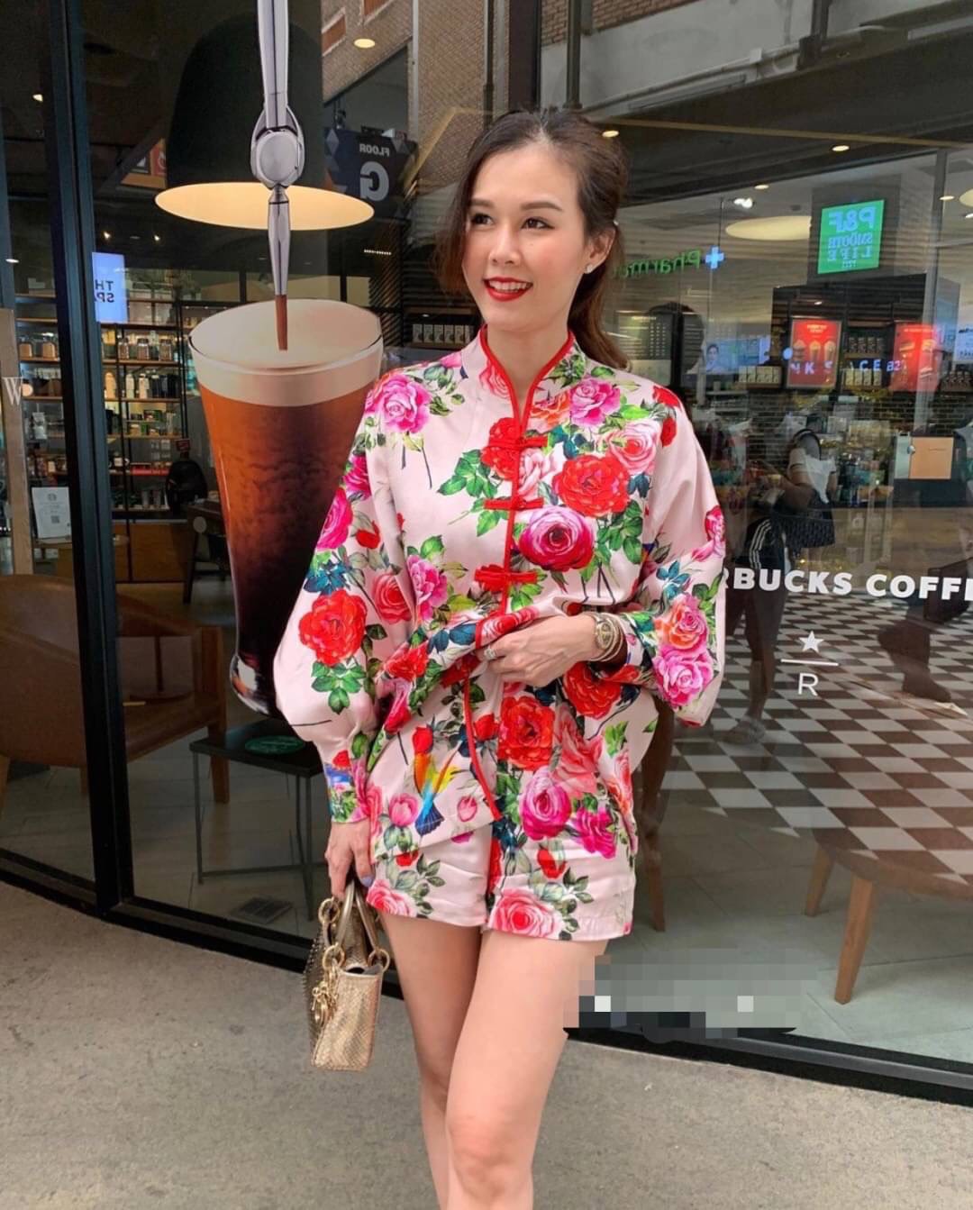 เซตเสื้อกี่เพ้าแขนยาว ลายดอกไม้