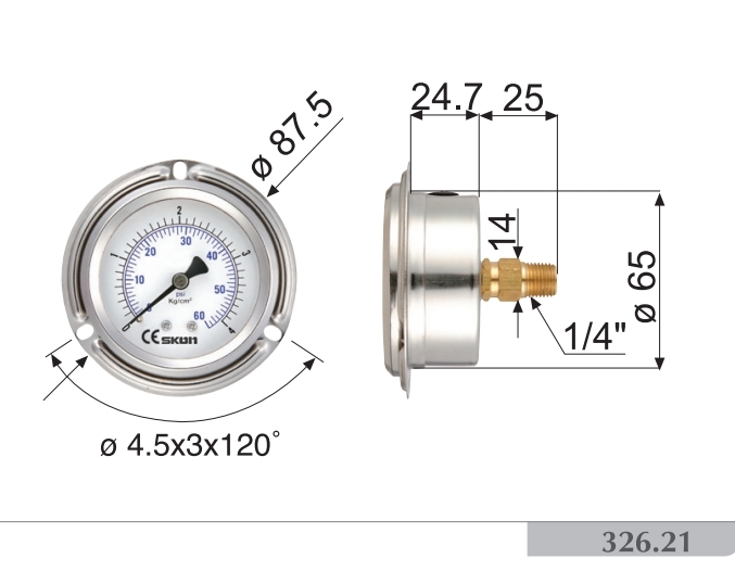 326-21-222** Pressure Gauge kgf-cm2/Psi เกจวัดแรงดัน หน้าปัด 2-1/2" เกลียวออกหลัง (SKON)