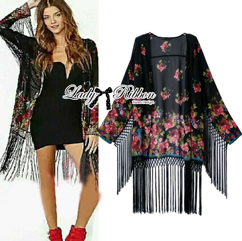 🎀 Lady Ribbon's Made 🎀 Lady Ria Hippy Floral Printed Fringe Outerwear เสื้อคลุมผ้าชีฟองพิมพ์ลายดอกไม้