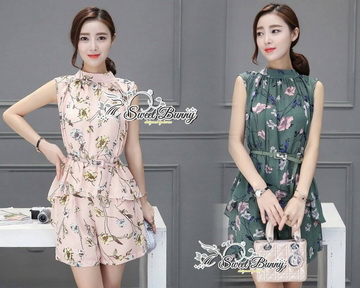 Lady Ribbon Online ขายส่งเสื้อผ้าออนไลน์พร้อมส่งของแท้ SW14220716 Sweet Bunny Present... Romantic Bloom Tea Shorts Set With Belt