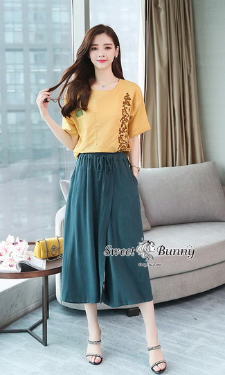 เสื้อกางเกงเกาหลีเสื้อผ้าทอสีเหลือง