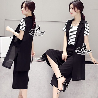 Sevy Three Pieces Of Strips T-Shirt Cover By Chiffon Blazer With Pants Sets