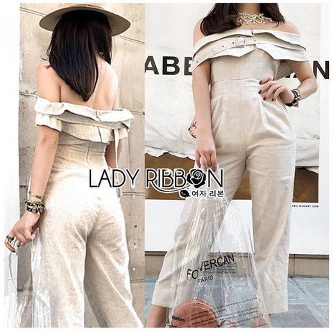 จัมป์สูทผ้าลินินทรงเปิดไหล่ตกแต่งเลเยอร์