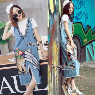 Lady Ribbon Online เสื้อผ้าออนไลน์ขายส่ง Normal Ally เสื้อผ้า NA01150816 🎉Normal Ally Present Denim bib skirt summer set🎉 (เอี้ยมยีนส์ปักเลื่อม + เกาะอกสีดำ)