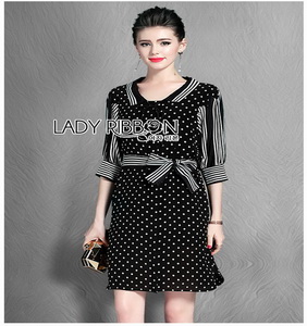 Striped Black & White Dress Lady Ribbon เดรสลายจุด
