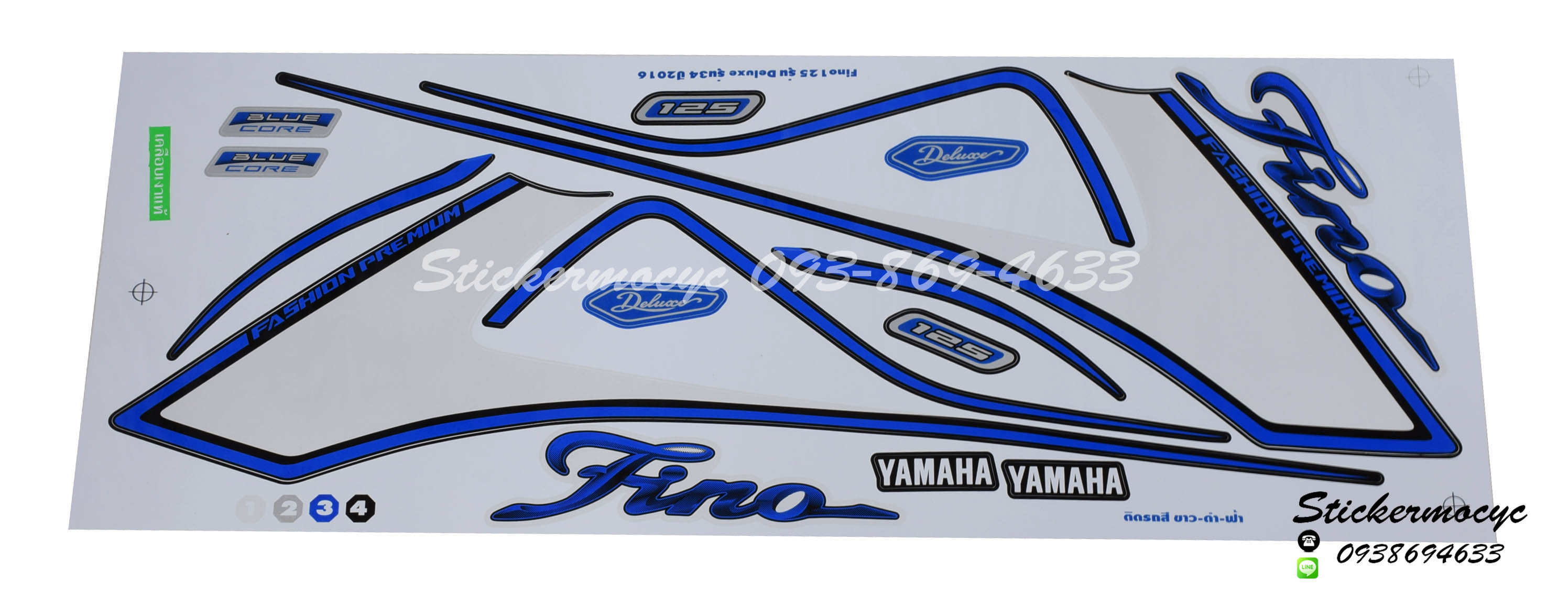สติ๊กเกอร์ติดรถ มอเตอร์ไซค์ ยามาฮ่า ฟีโน่ Sticker Yamaha Fino 125 ปี 2016 รุ่น 34 ติดรถ สีขาว ดํา ฟ้า (เคลือบเงาแท้)