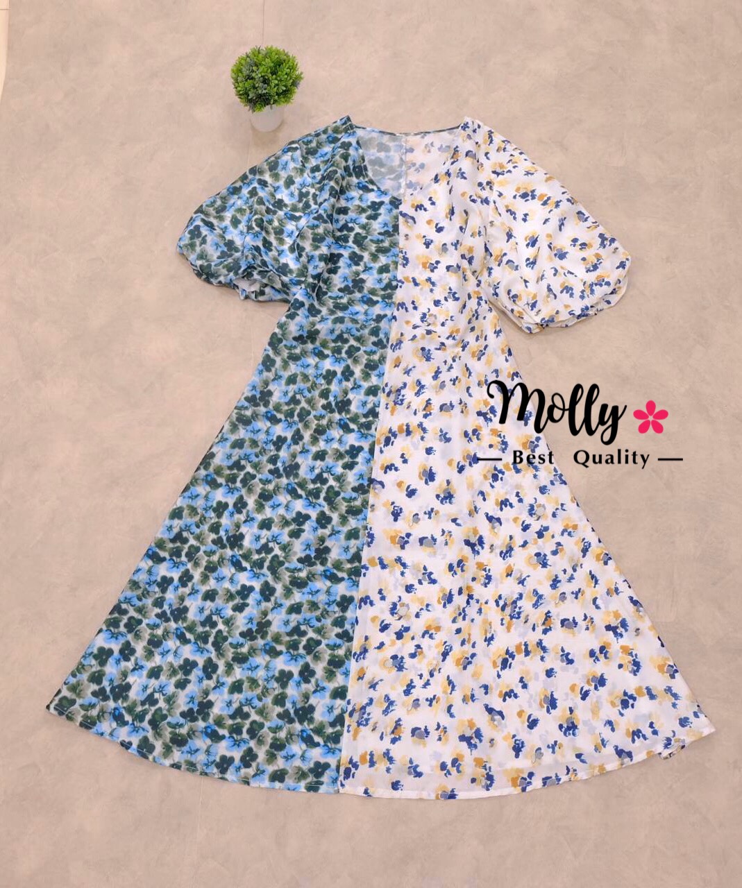 dress ทูโทนลายหว่นๆ แขนพองคิ้ว