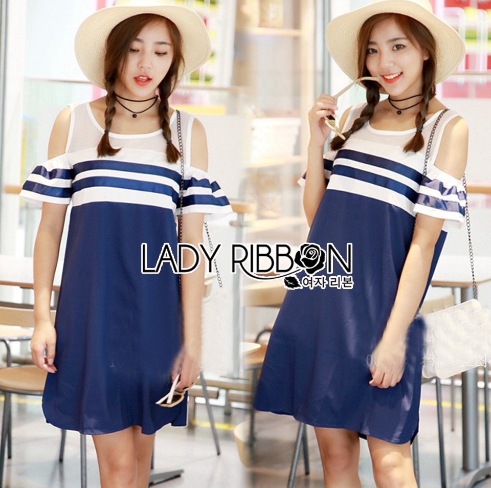 🌹Price : Lady Ribbon เสื้อผ้า LR14120516 🎀 Lady Ribbon's Made 🎀 Lady Isla Glam Chic Navy Blue Striped Dress