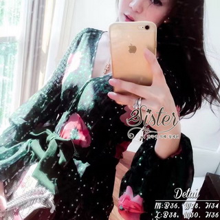 2Sister Made, Emerald Green Cuties Dress เดรสสั้น ผ้าchiffonพริ้วบางเบาพิมพ์ลายดอกสวยทั้งตัว