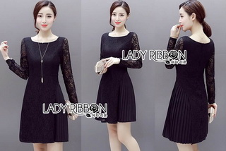 Dress เดรสผ้าลูกไม้ตกแต่งคอตตอนจับพลีต
