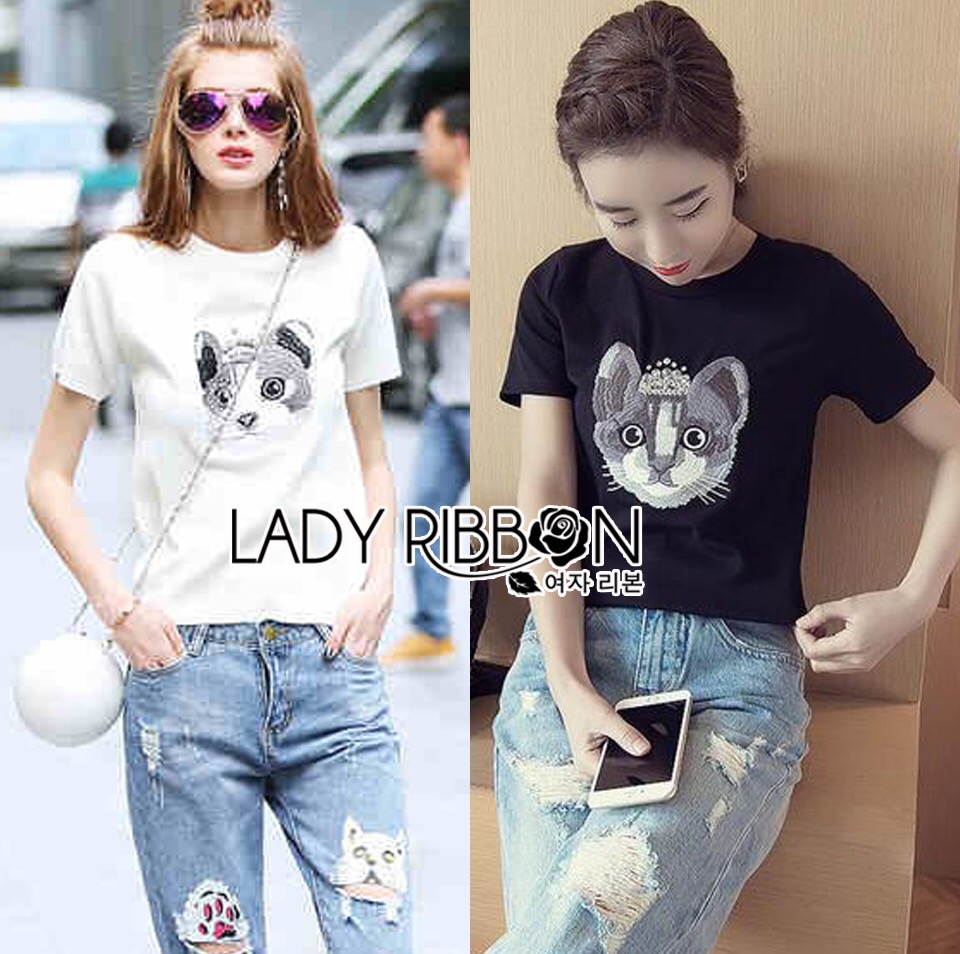 Lady Ribbon เสื้อผ้า LR06120516 🎀 Lady Ribbon's Made 🎀 Lady Lizzy Kitten Embroidered with Crystal Embellished Cotton Jersey T-Shirt