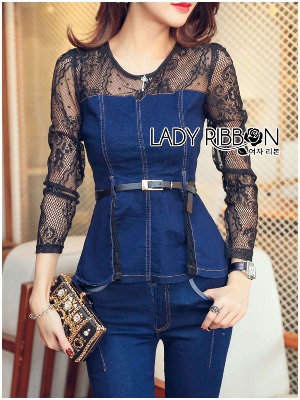 Lady Ribbon Online LR03060616 🎀 Lady Ribbon's Made 🎀 Lady Kimberley Smart and Sexy Black Lace with Denim Set