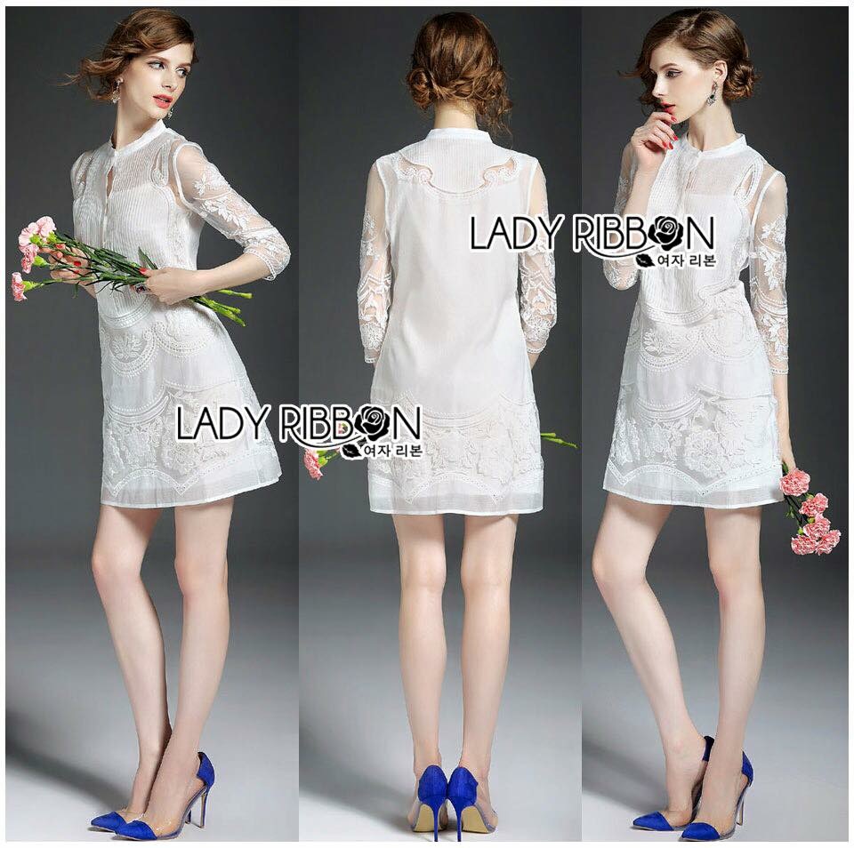 Lady Ribbon ออนไลน์ LR07090516 🎀 Lady Ribbon's Made 🎀 Lady Ashley Royal Sweet Floral Embroidered Organza and Cotton Mini Dress