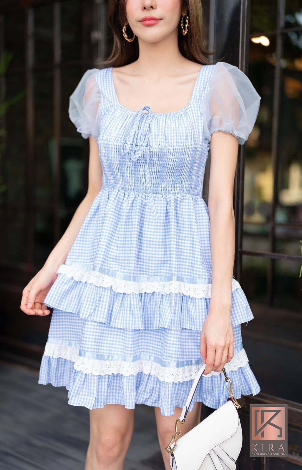 เดรสลายสก็อต แต่งเเขนทรงตุ๊กตา