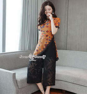 เสื้อพร้อมกางเกงคอจีนผ้าซีทรู
