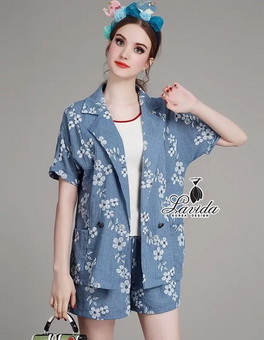 Lady Ribbon Online ขายส่งเสื้อผ้าออนไลน์ เสื้อผ้า Lavida LV01040816 🍭 Korea Design By Lavida fashionista floral embroidery blue suit short pants set code920