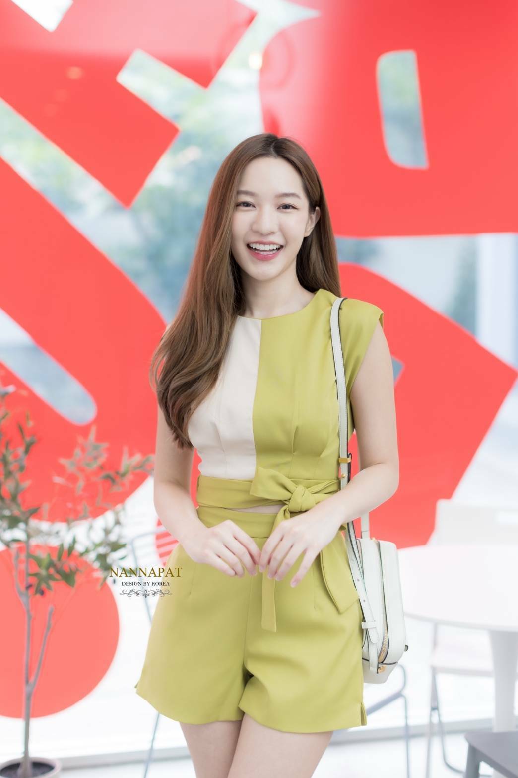 เสื้อทูโทน ซิปหลัง ผูกโบว์ที่เอว