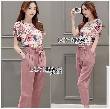 Lady Ribbon Online ขายส่ง เสื้อผ้าออนไลน์ ของแท้ LR06040716 🎀 Lady Ribbon's Made 🎀 Lady Jennifer Floral Printed Top and Pink Ribbon Pants Set