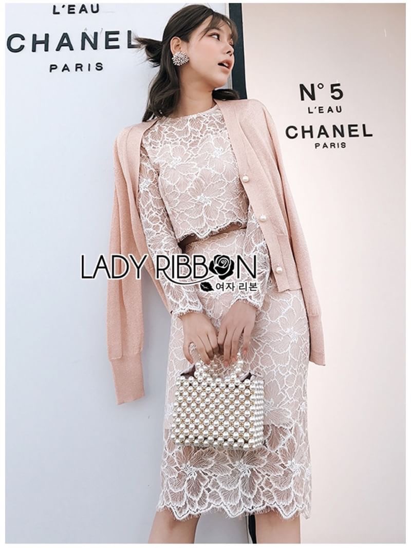 Lace Top and Skirt Set เซ็ตเสื้อแขนยาวและกระโปรงลูกไม้สีพีช