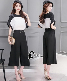 Lady Ribbon Online เสื้อผ้าออนไลน์ขายส่ง Cliona เสื้อผ้า CN12180816 Cilona Made' B&W Top + Sportwear Pant Set - เซ็ตเสื้อ+กางเกง เสื้อสีขาวมีลา