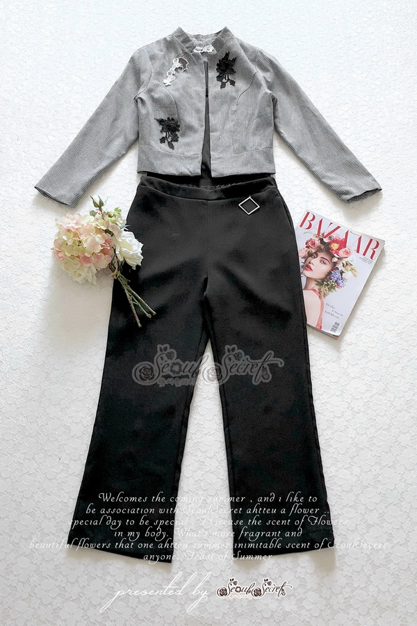 เสื้อสูทแขนยาวทรงเสื้อครอปเนื้อผ้าทอลายตาราง