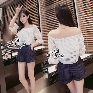 Lady Ribbon Online ขายส่งเสื้อผ้าออนไลน์ เสื้อผ้า Sevy SV07030816 🎉Sevy Off Shoulder Organza Ribbon Bust Strips Shorts Playsuit