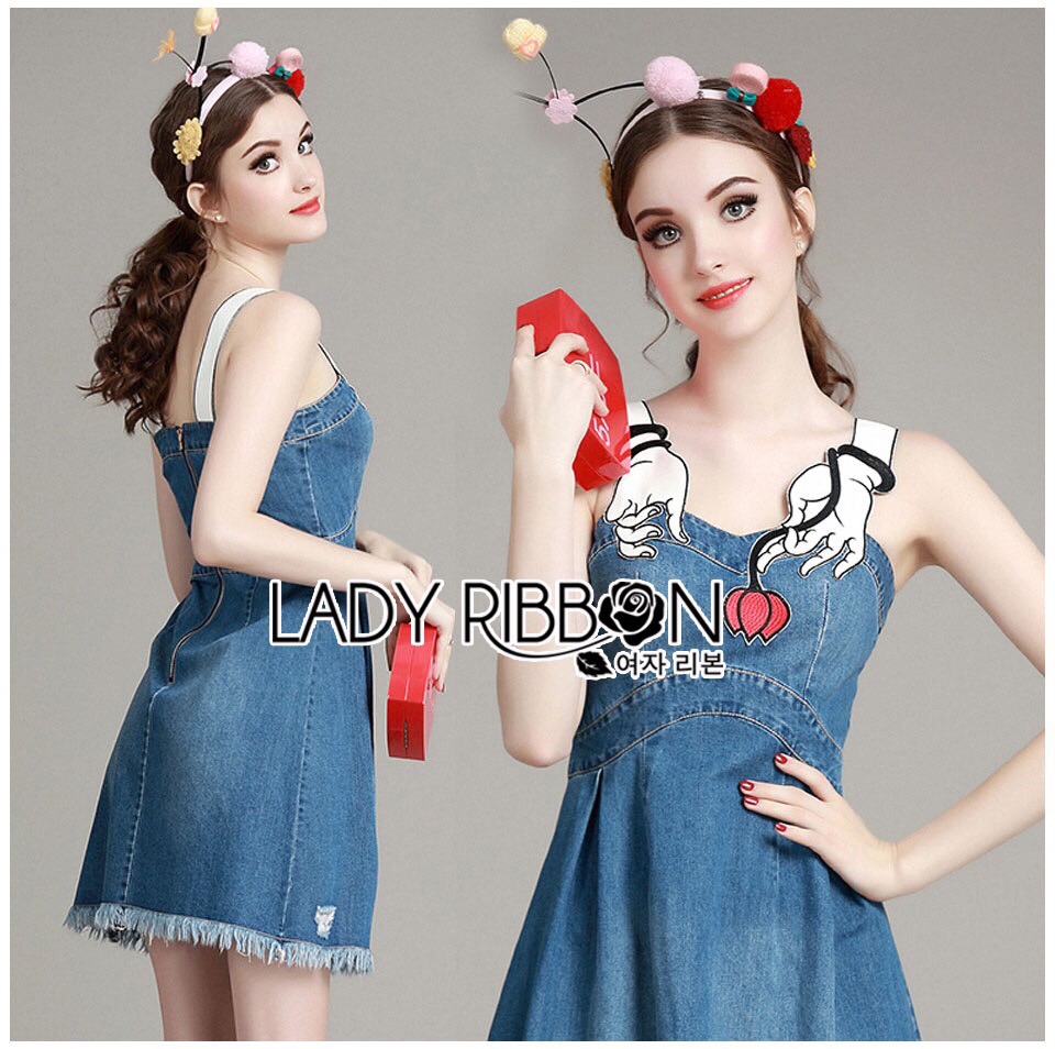 Lady Ribbon Online LR07020616 🎀 Lady Ribbon's Made 🎀 Lady Claudia Playful Chic Embroidered Denim Dress