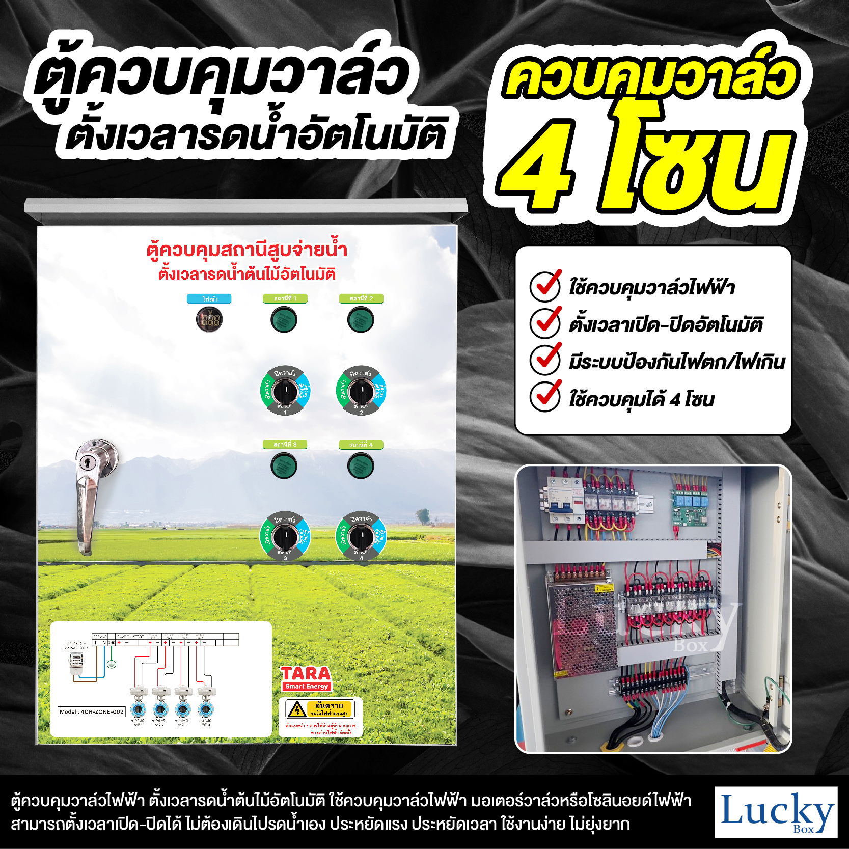 ตู้ควบคุมแบ่งโซนรดน้ำ 4 โซน ตู้ควบคุมวาล์วไฟฟ้าจ่ายน้ำ ตั้งเวลารดน้ำอัตโนมัติ แบ่งจ่าย 4 โซน